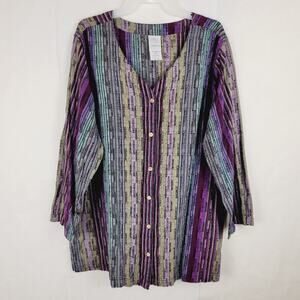 Roamans purple striped button up top 22W cotton lagenlook boho hippie